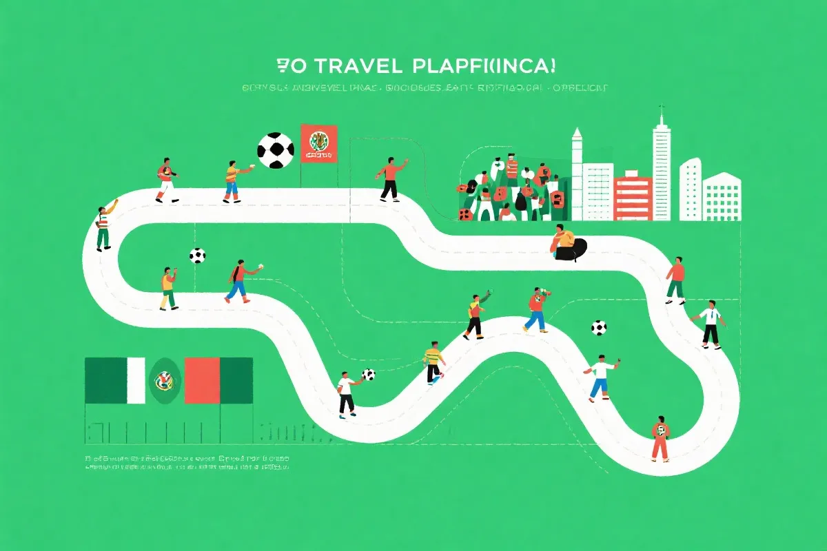 世界杯观赛行程规划插画：球迷在城市之间切换，标注小组赛与淘汰赛关注点